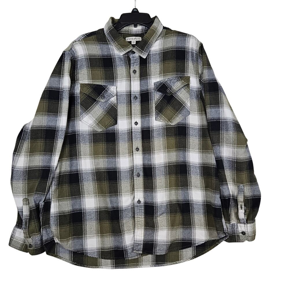Frye & Co. Flannel Shirt Mens XXL Green Plaid Pockets Western Outdoor Rugged